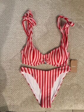 Samiol Red & White Striped Tie-Shoulder Bikini